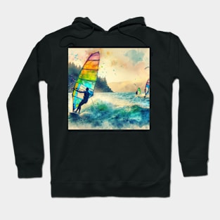 Artistic illustration of windsurfers at Mount Hood Hoodie